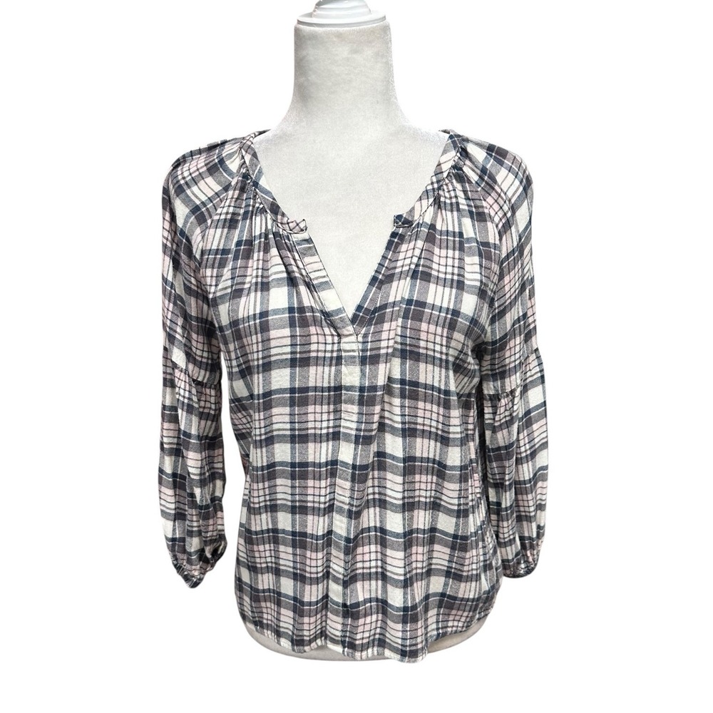 Michael Stars Womens Size S Top Plaid Blouse Long Sleeve Split V-Neck Tunic Boho